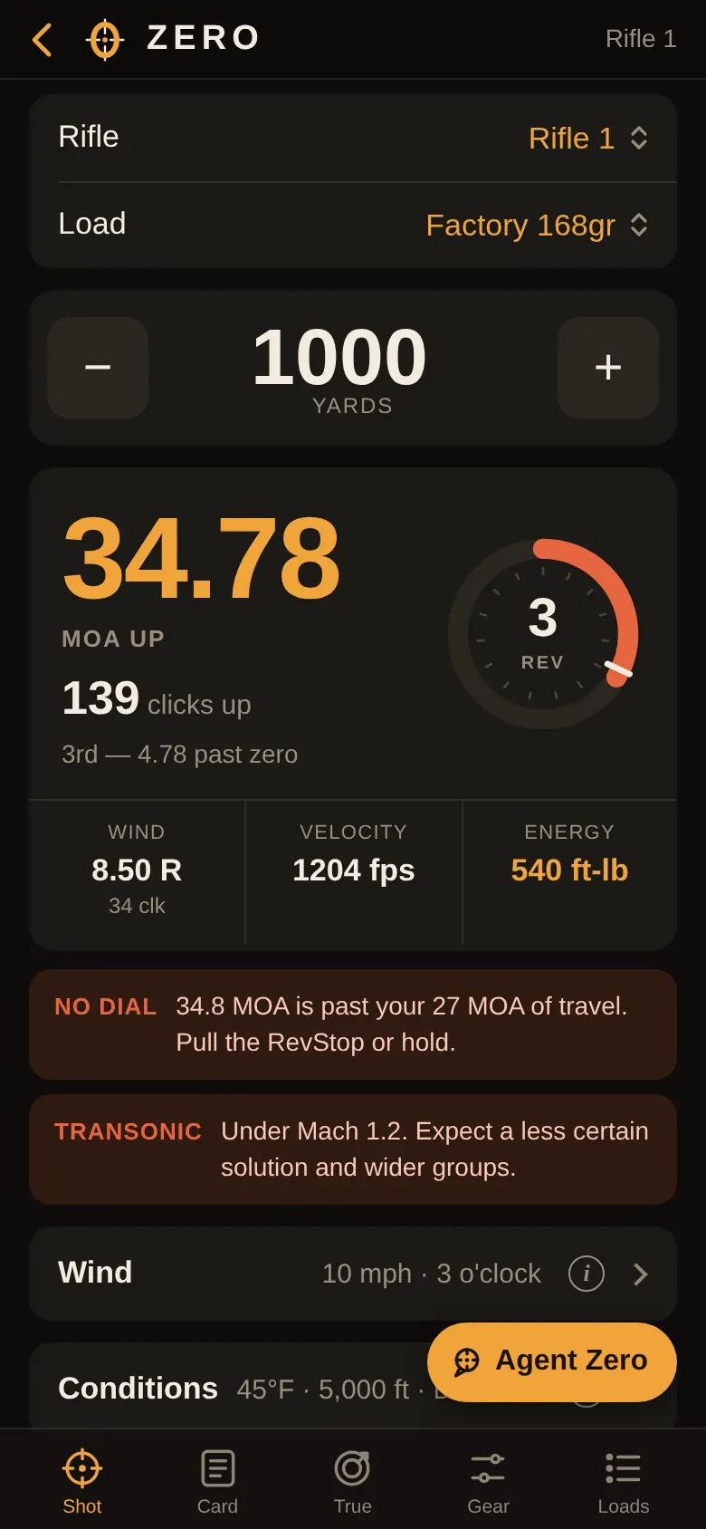Dial rifle at 1000 yards: 34.78 MOA up, 139 clicks, third revolution, with warnings that it's past the scope's 27 MOA of travel and transonic.